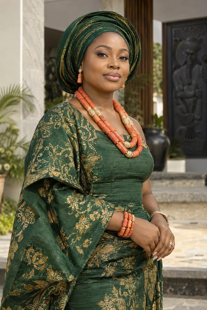 Illustrative portrait in traditional dress and coral beads